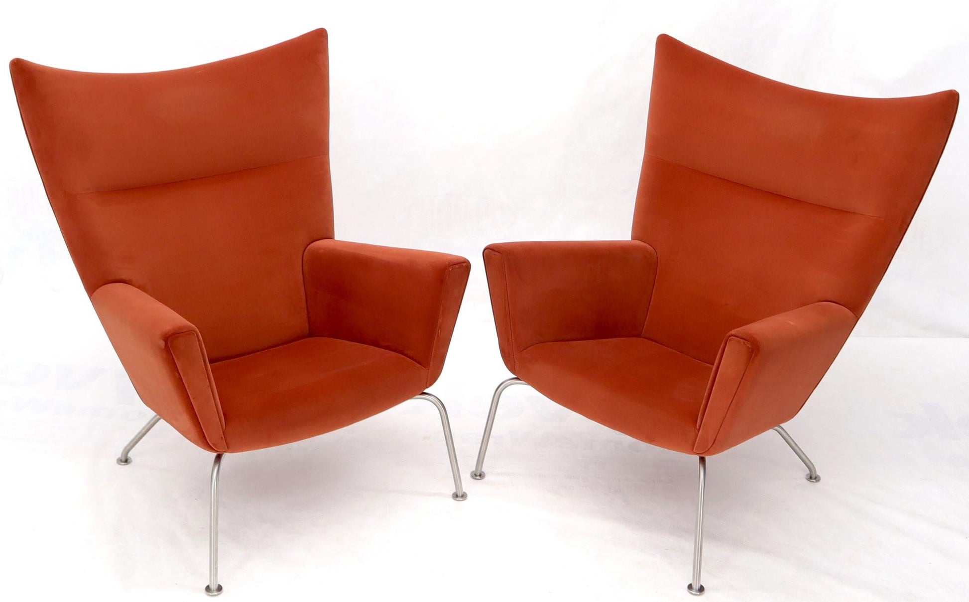 EstablishedLines Pair of Hans Wegner for Carl Hansen Wing Chair in Orange Velvet like Fabric OX