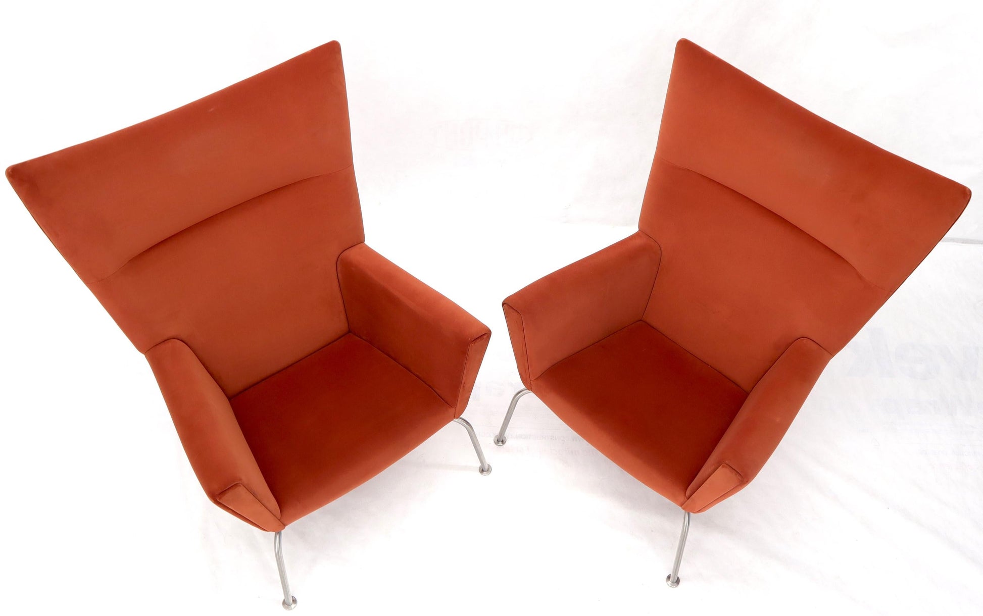 EstablishedLines Pair of Hans Wegner for Carl Hansen Wing Chair in Orange Velvet like Fabric OX
