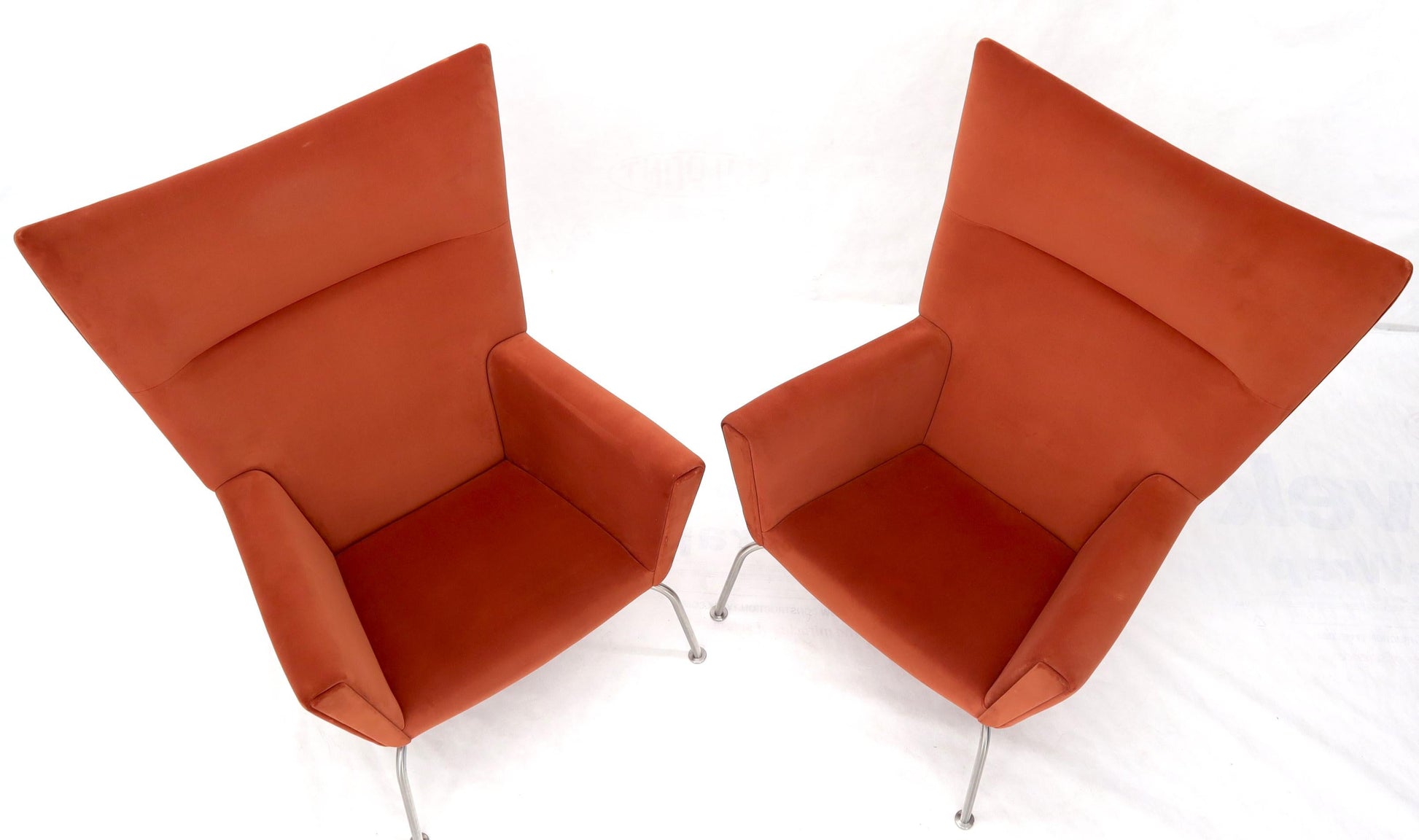 EstablishedLines Pair of Hans Wegner for Carl Hansen Wing Chair in Orange Velvet like Fabric OX
