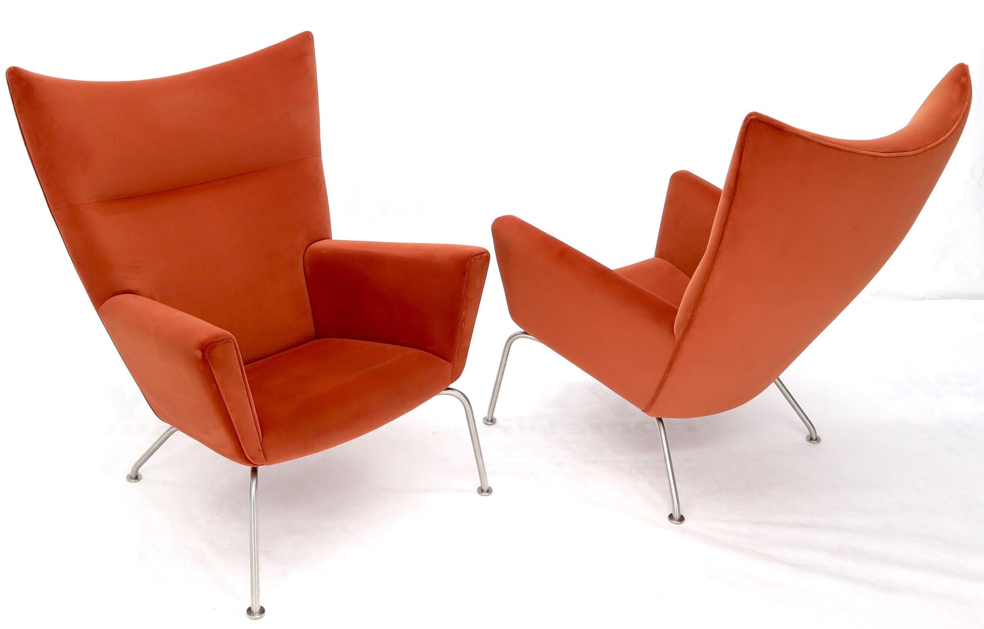 EstablishedLines Pair of Hans Wegner for Carl Hansen Wing Chair in Orange Velvet like Fabric OX