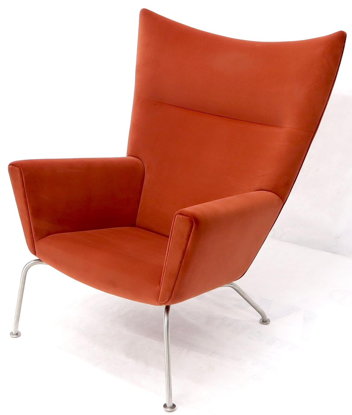 EstablishedLines Pair of Hans Wegner for Carl Hansen Wing Chair in Orange Velvet like Fabric OX