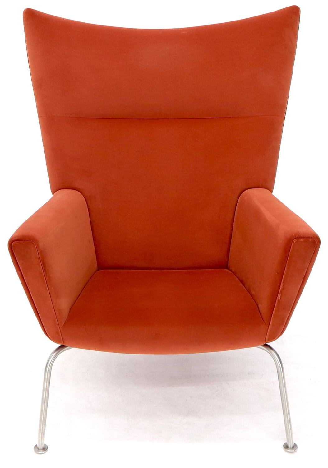 EstablishedLines Pair of Hans Wegner for Carl Hansen Wing Chair in Orange Velvet like Fabric OX