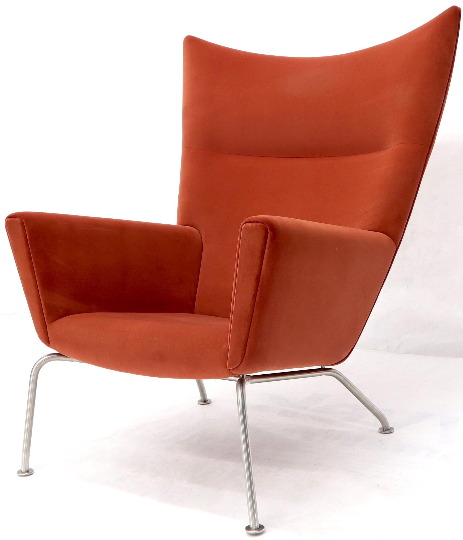 EstablishedLines Pair of Hans Wegner for Carl Hansen Wing Chair in Orange Velvet like Fabric OX