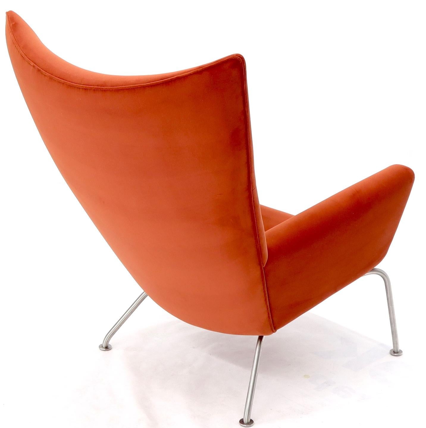 EstablishedLines Pair of Hans Wegner for Carl Hansen Wing Chair in Orange Velvet like Fabric OX