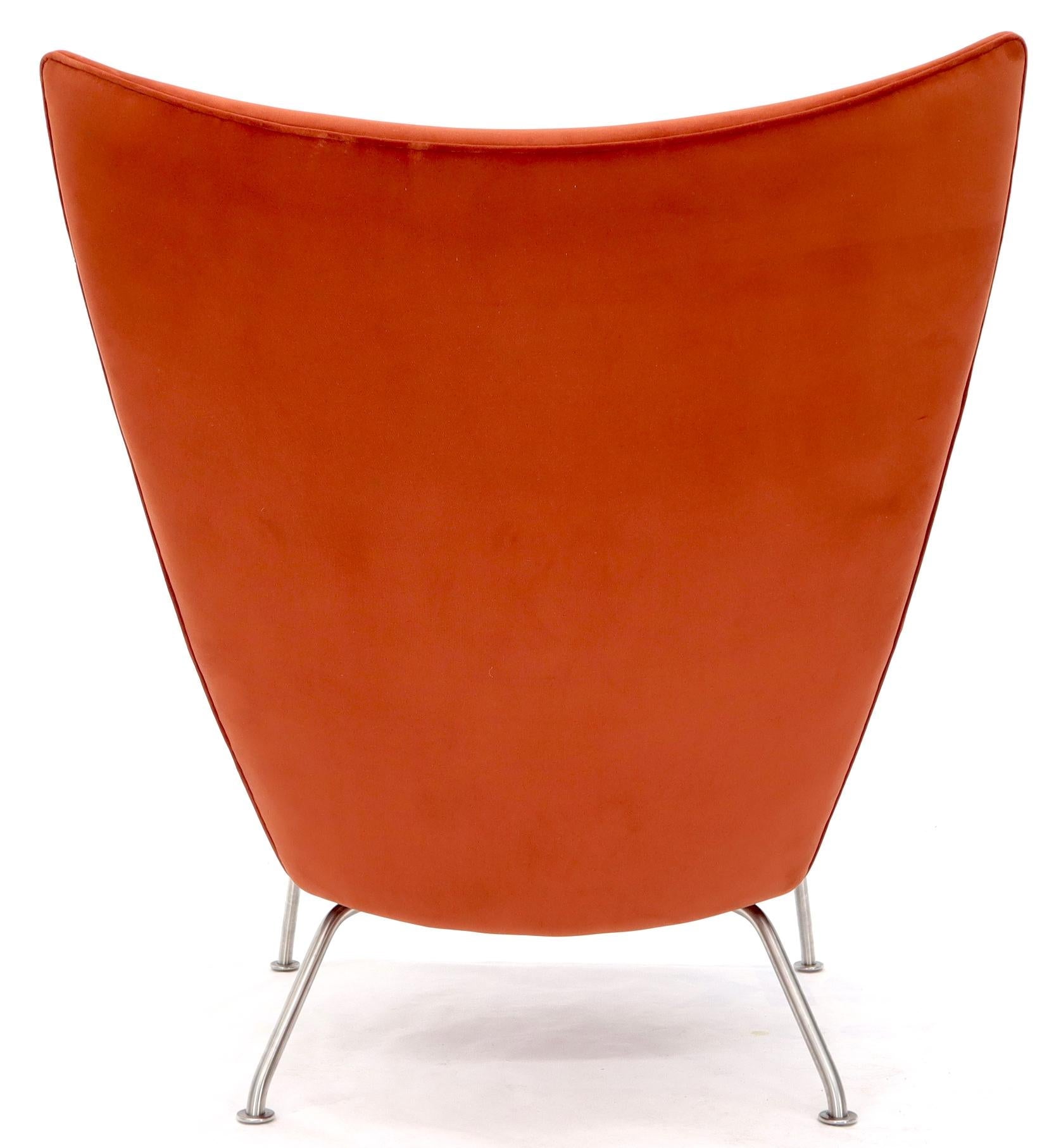EstablishedLines Pair of Hans Wegner for Carl Hansen Wing Chair in Orange Velvet like Fabric OX
