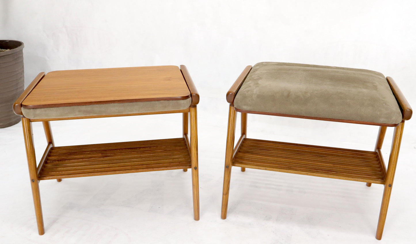 EstablishedLines Pair of Danish Teak Mid-Century Modern Flip Top Tables Suede Benches