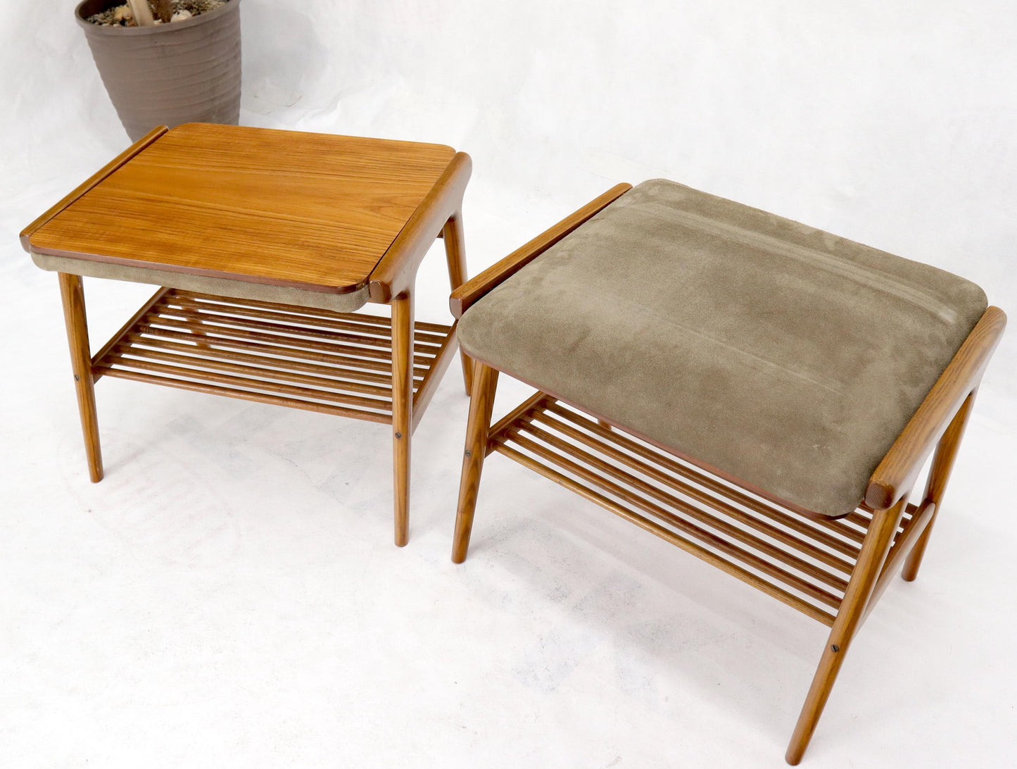 EstablishedLines Pair of Danish Teak Mid-Century Modern Flip Top Tables Suede Benches