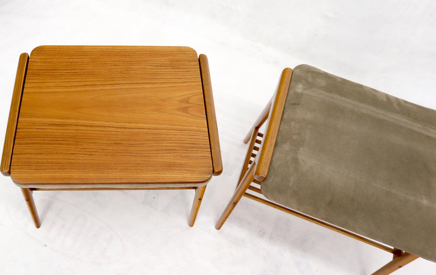 EstablishedLines Pair of Danish Teak Mid-Century Modern Flip Top Tables Suede Benches