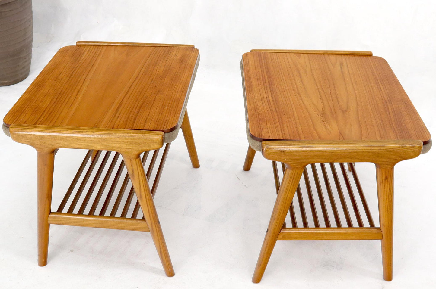 EstablishedLines Pair of Danish Teak Mid-Century Modern Flip Top Tables Suede Benches