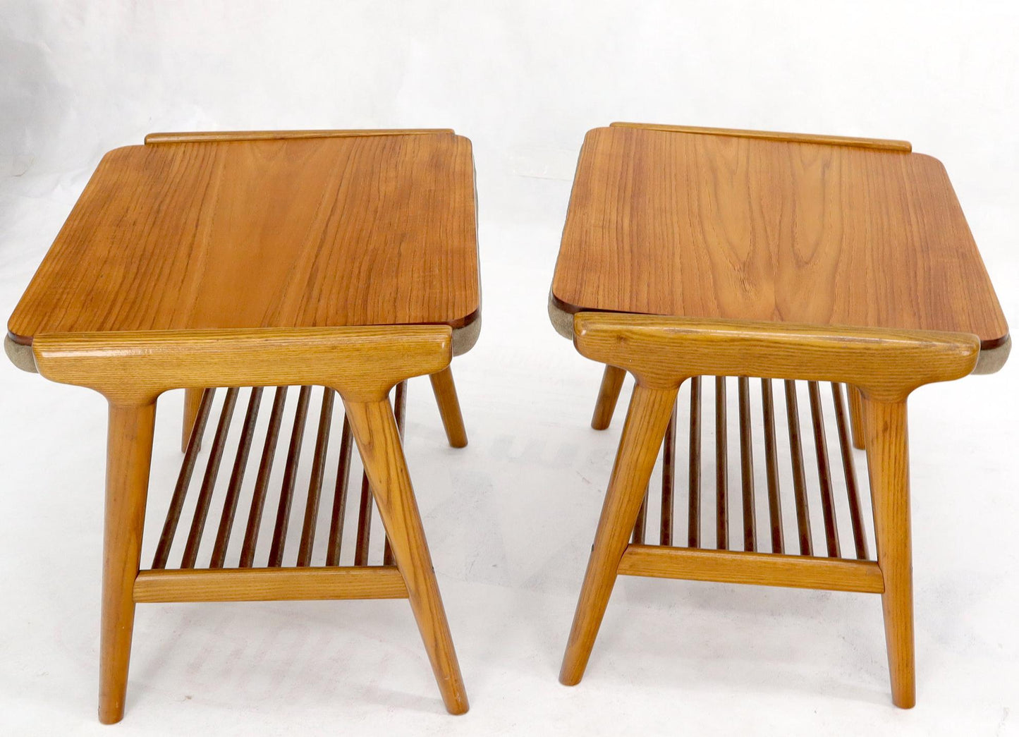 EstablishedLines Pair of Danish Teak Mid-Century Modern Flip Top Tables Suede Benches