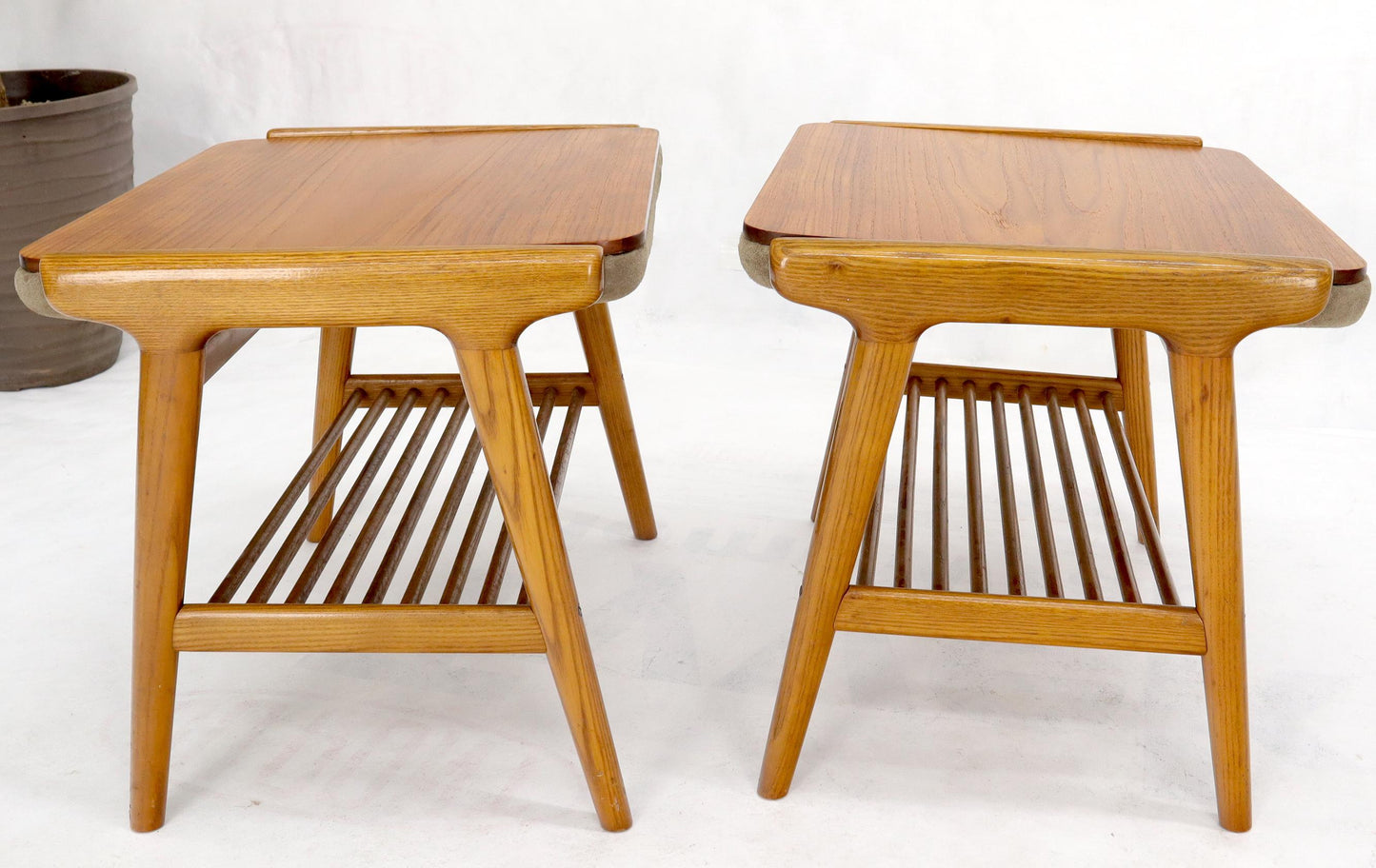 EstablishedLines Pair of Danish Teak Mid-Century Modern Flip Top Tables Suede Benches
