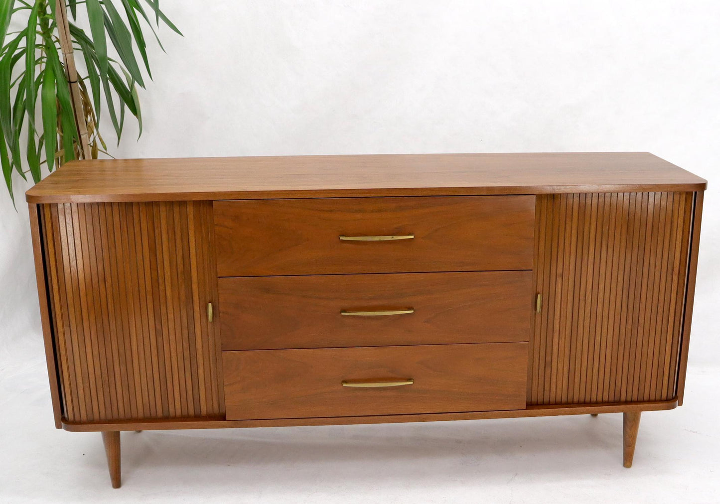 EstablishedLines American Walnut Mid-Century Modern Tambour Doors Long Dresser Credenza