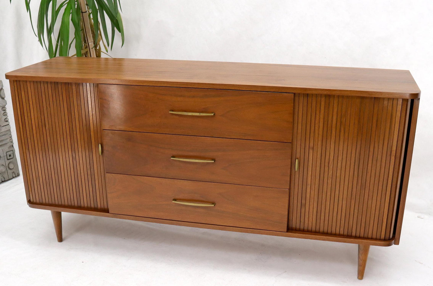 EstablishedLines American Walnut Mid-Century Modern Tambour Doors Long Dresser Credenza