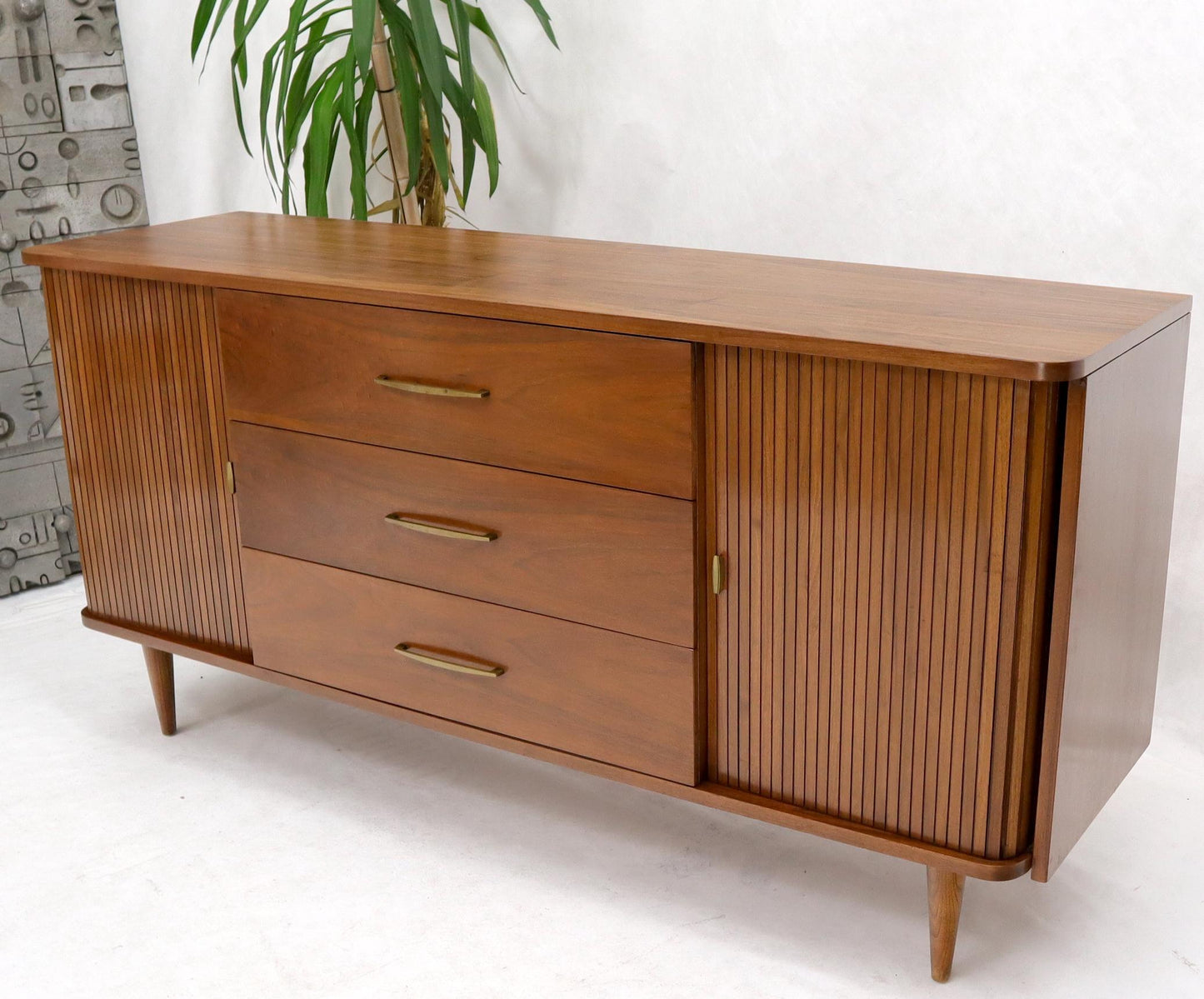 EstablishedLines American Walnut Mid-Century Modern Tambour Doors Long Dresser Credenza