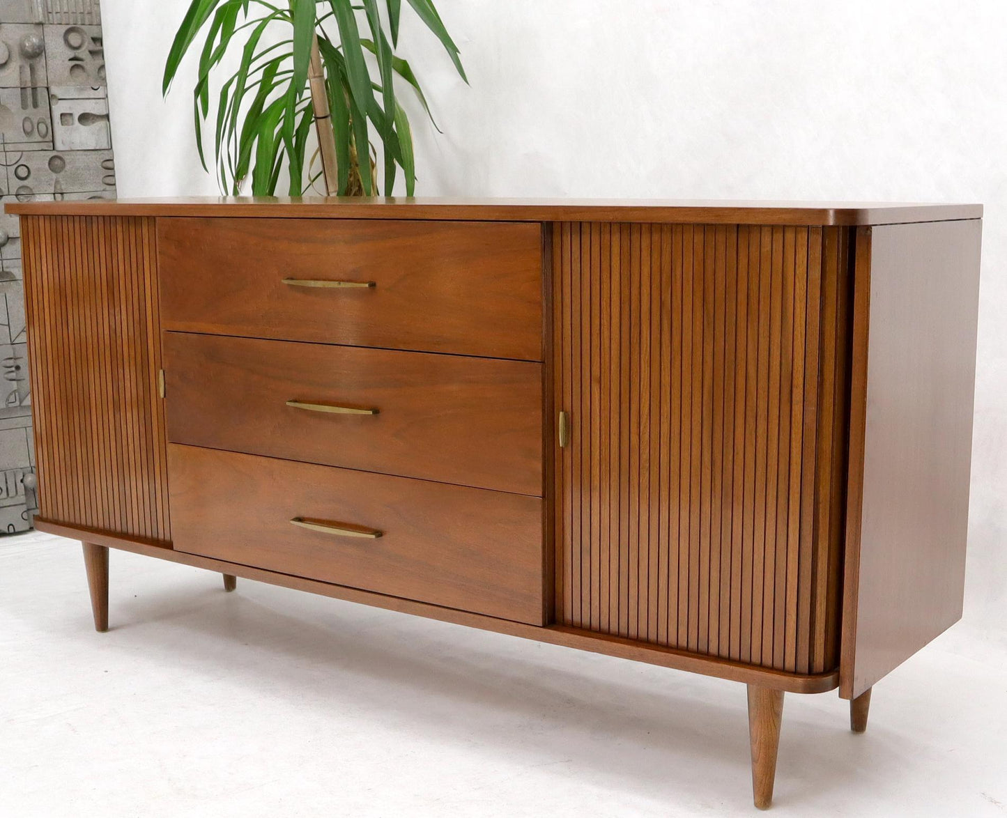 EstablishedLines American Walnut Mid-Century Modern Tambour Doors Long Dresser Credenza