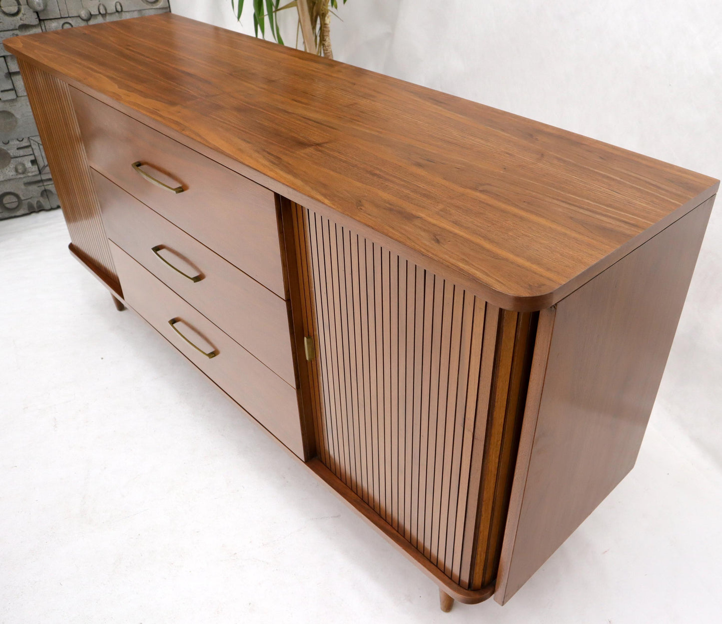 EstablishedLines American Walnut Mid-Century Modern Tambour Doors Long Dresser Credenza