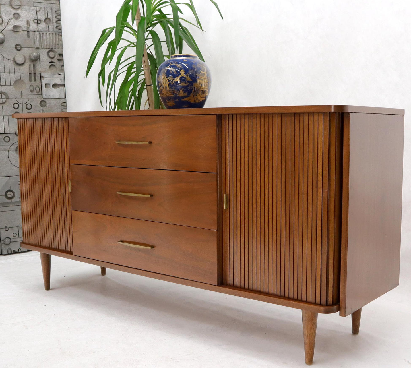 EstablishedLines American Walnut Mid-Century Modern Tambour Doors Long Dresser Credenza