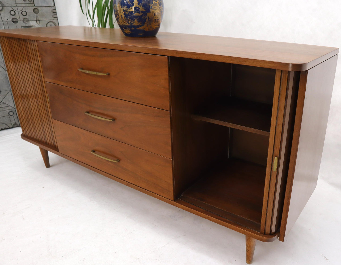 EstablishedLines American Walnut Mid-Century Modern Tambour Doors Long Dresser Credenza