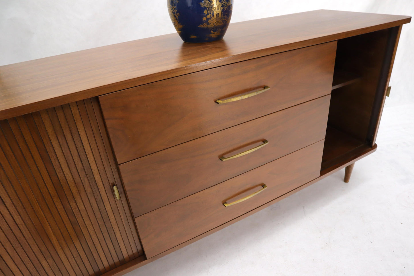 EstablishedLines American Walnut Mid-Century Modern Tambour Doors Long Dresser Credenza