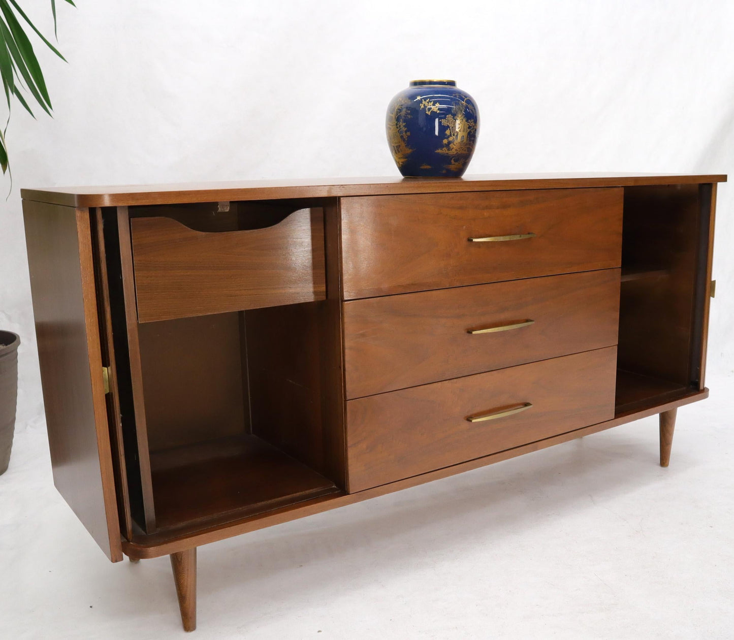 EstablishedLines American Walnut Mid-Century Modern Tambour Doors Long Dresser Credenza