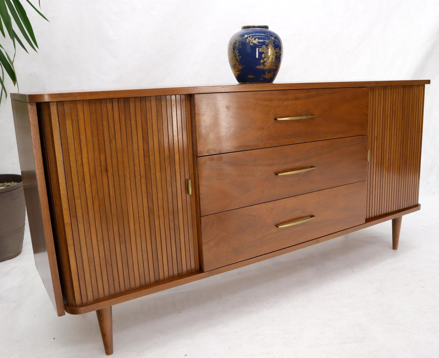 EstablishedLines American Walnut Mid-Century Modern Tambour Doors Long Dresser Credenza