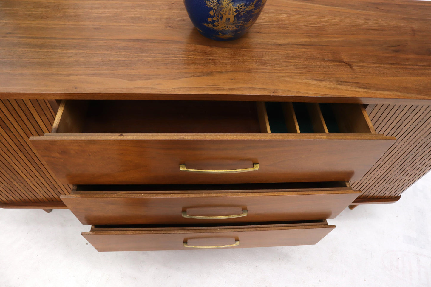 EstablishedLines American Walnut Mid-Century Modern Tambour Doors Long Dresser Credenza