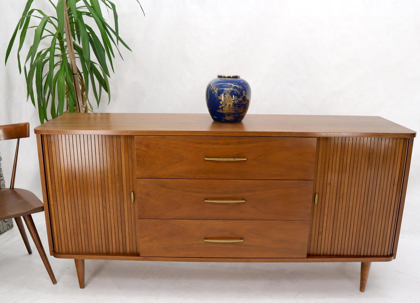 EstablishedLines American Walnut Mid-Century Modern Tambour Doors Long Dresser Credenza