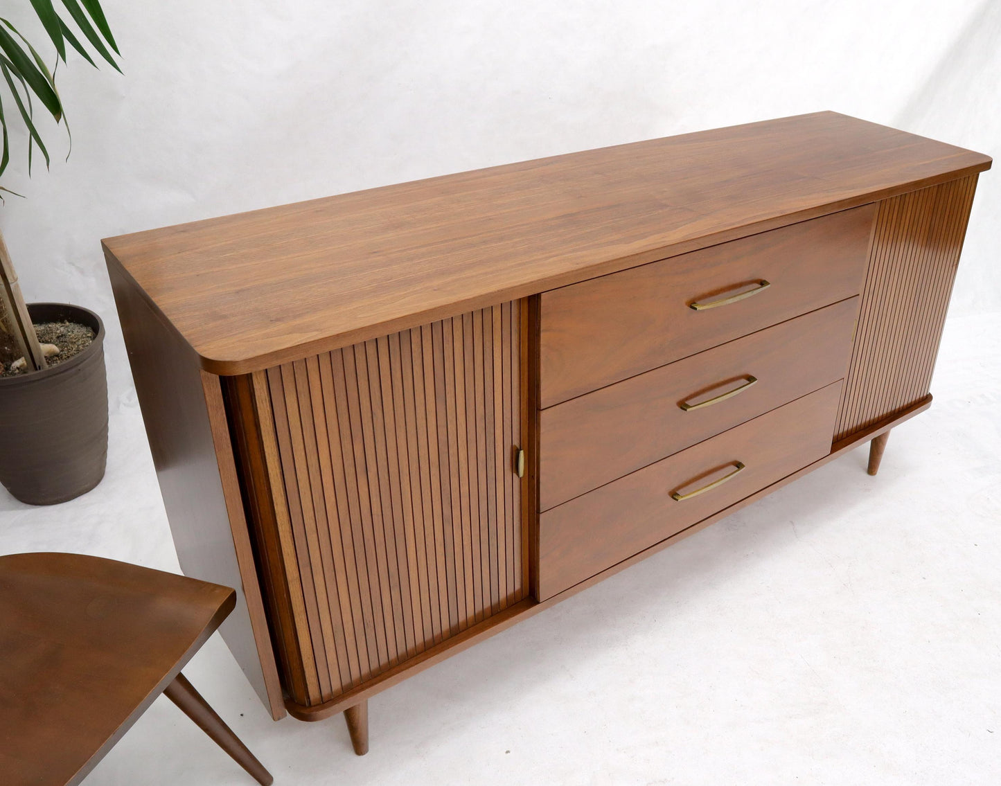 EstablishedLines American Walnut Mid-Century Modern Tambour Doors Long Dresser Credenza