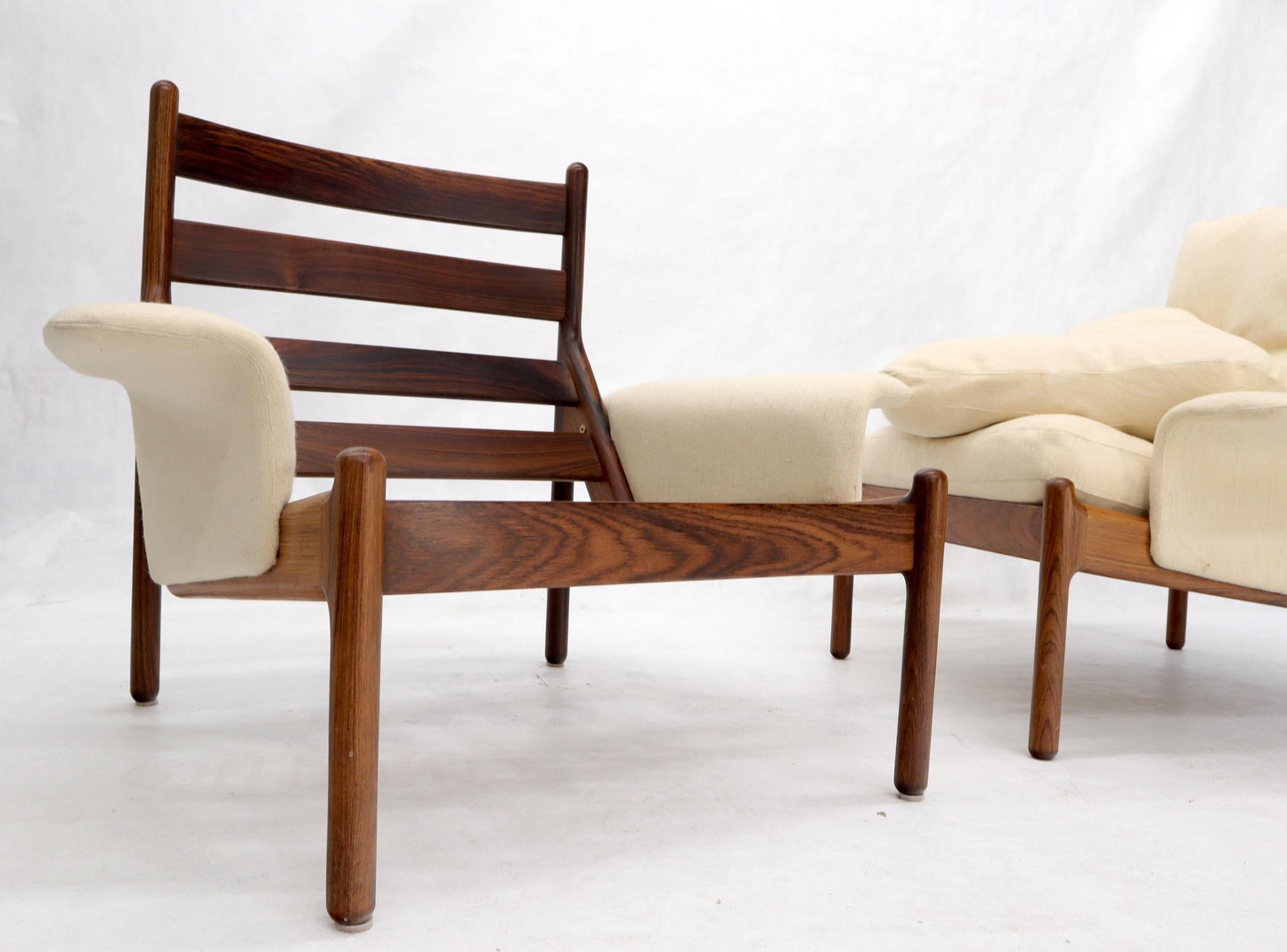 EstablishedLines Pair of Danish Modern Virgin Wool Upholstery Rosewood Frames Longe Chairs