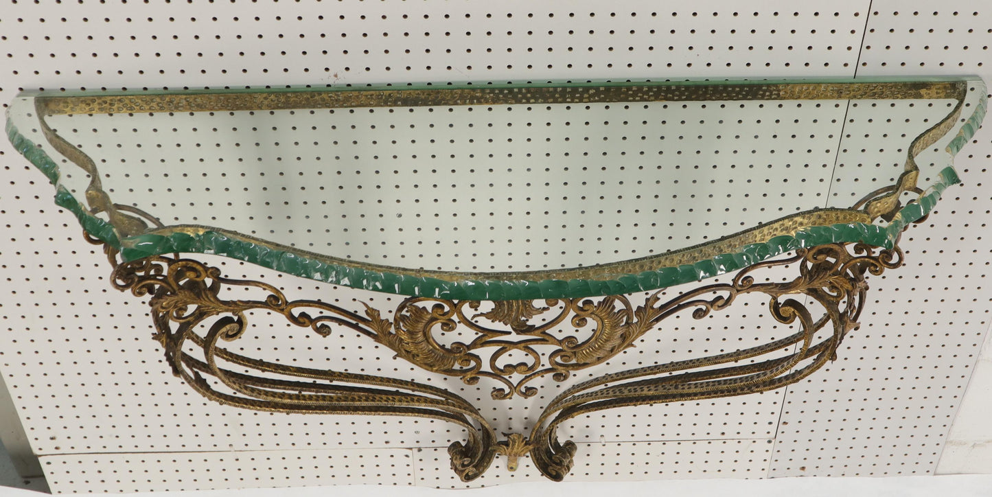 EstablishedLines Antique Ornate Baroque Style Gold Gilt Wrought Iron Hanging Console Table Glass