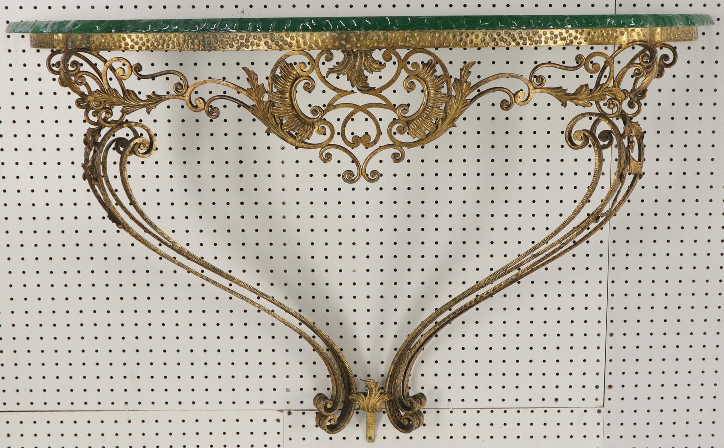 EstablishedLines Antique Ornate Baroque Style Gold Gilt Wrought Iron Hanging Console Table Glass
