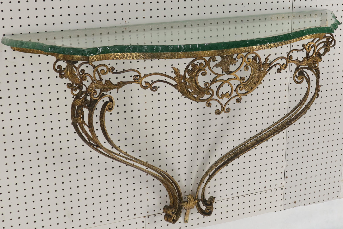 EstablishedLines Antique Ornate Baroque Style Gold Gilt Wrought Iron Hanging Console Table Glass