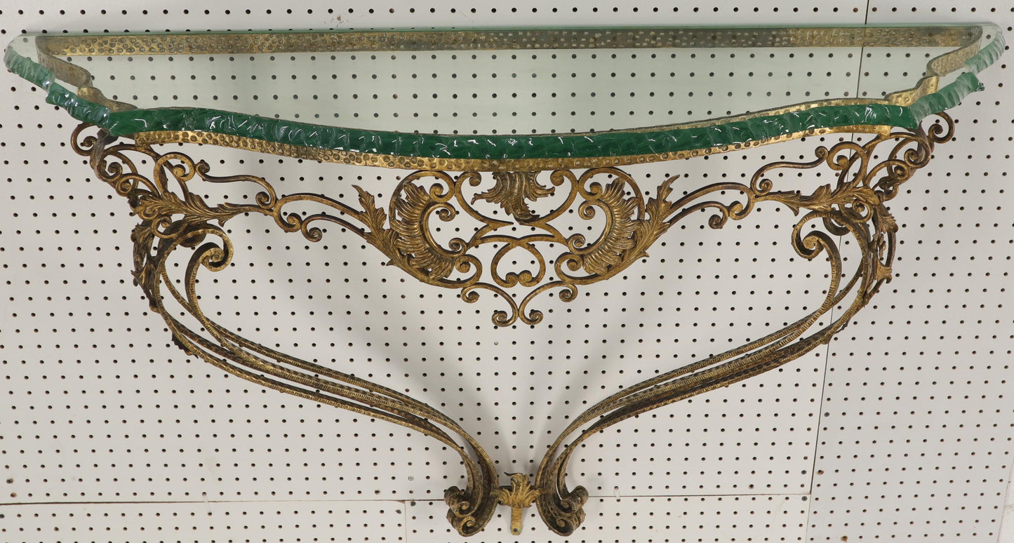 EstablishedLines Antique Ornate Baroque Style Gold Gilt Wrought Iron Hanging Console Table Glass