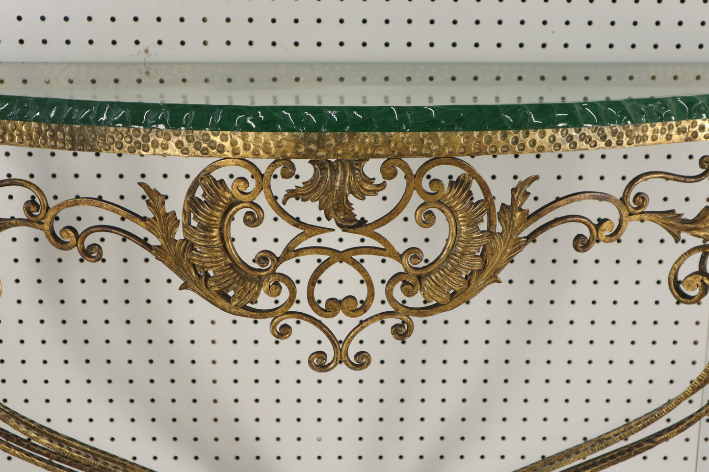EstablishedLines Antique Ornate Baroque Style Gold Gilt Wrought Iron Hanging Console Table Glass