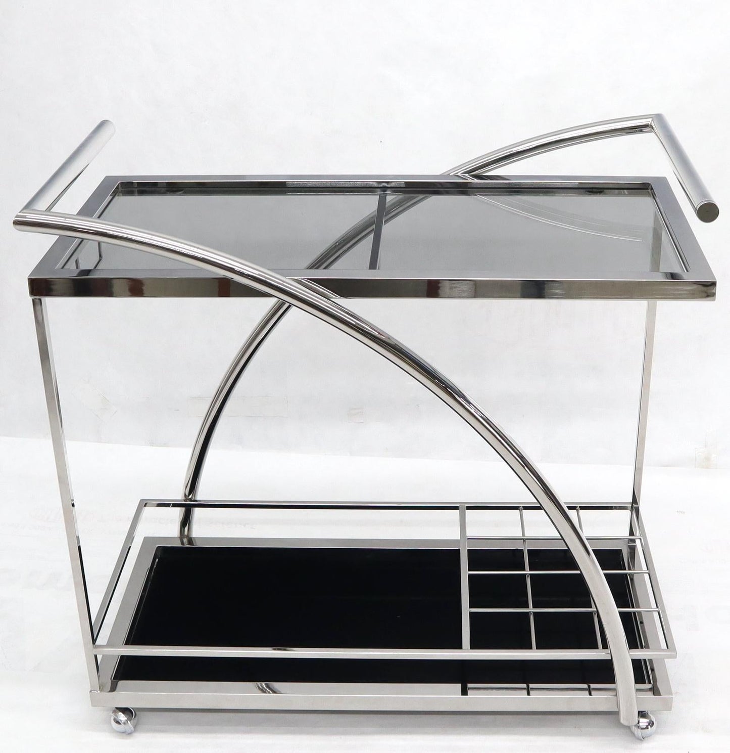 EstablishedLines Chrome & Smoked Glass Mid-Century Modern Rolling Serving Cart Bar