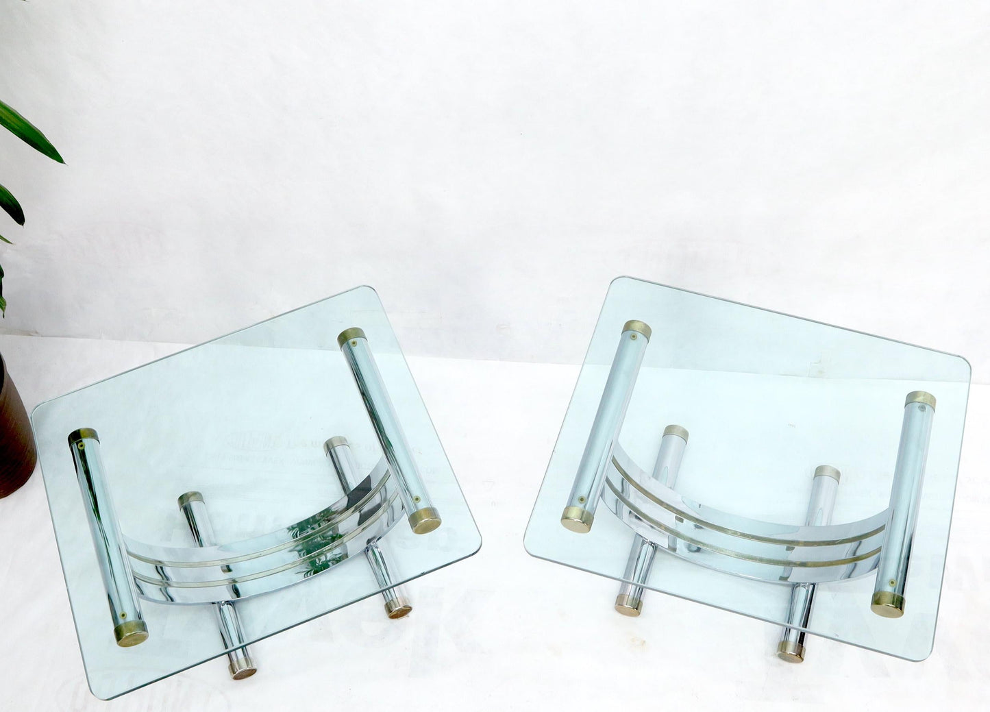 EstablishedLines Pair of Chrome & Brass U Shape Bases Glass Top End Side Occasional Tables