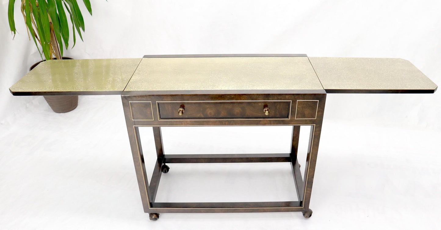 EstablishedLines Drop Leaf Textured Brass Top Burl Wood Rolling Serving Cart Bar by Mastercraft