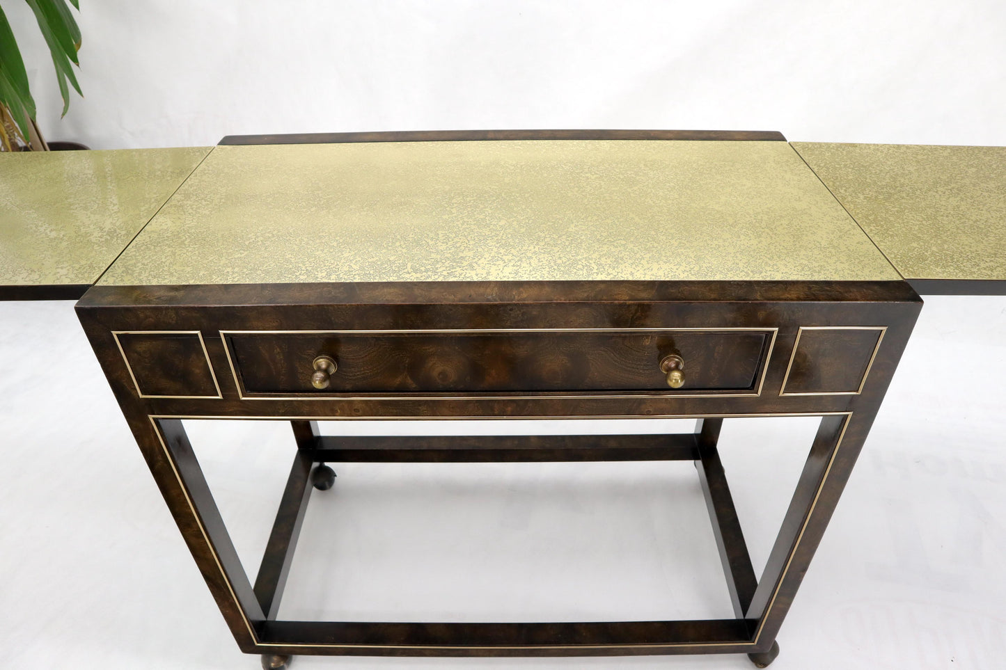 EstablishedLines Drop Leaf Textured Brass Top Burl Wood Rolling Serving Cart Bar by Mastercraft