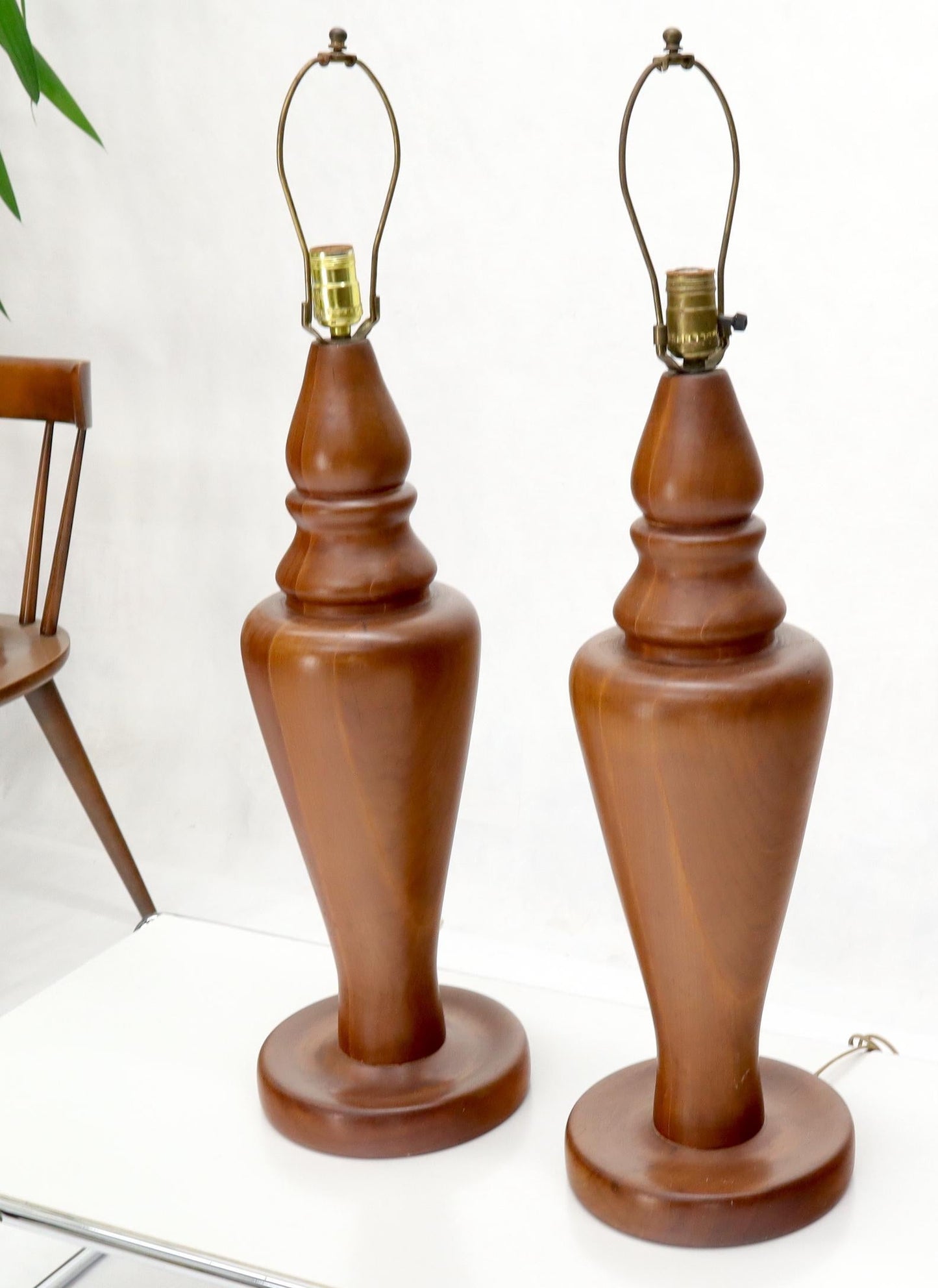 EstablishedLines Pair of Large Oversize Heavy Turned Solid Teak Table Lamps