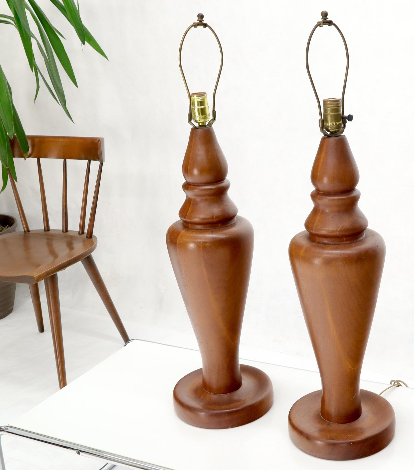 EstablishedLines Pair of Large Oversize Heavy Turned Solid Teak Table Lamps