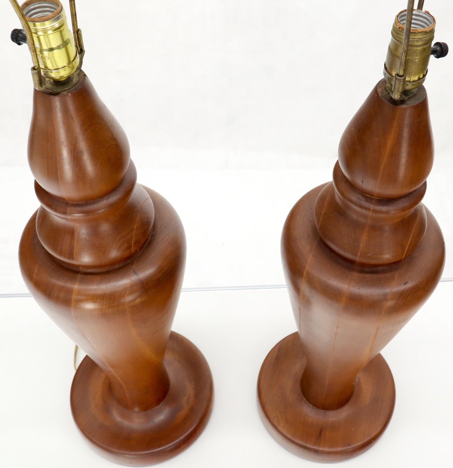 EstablishedLines Pair of Large Oversize Heavy Turned Solid Teak Table Lamps