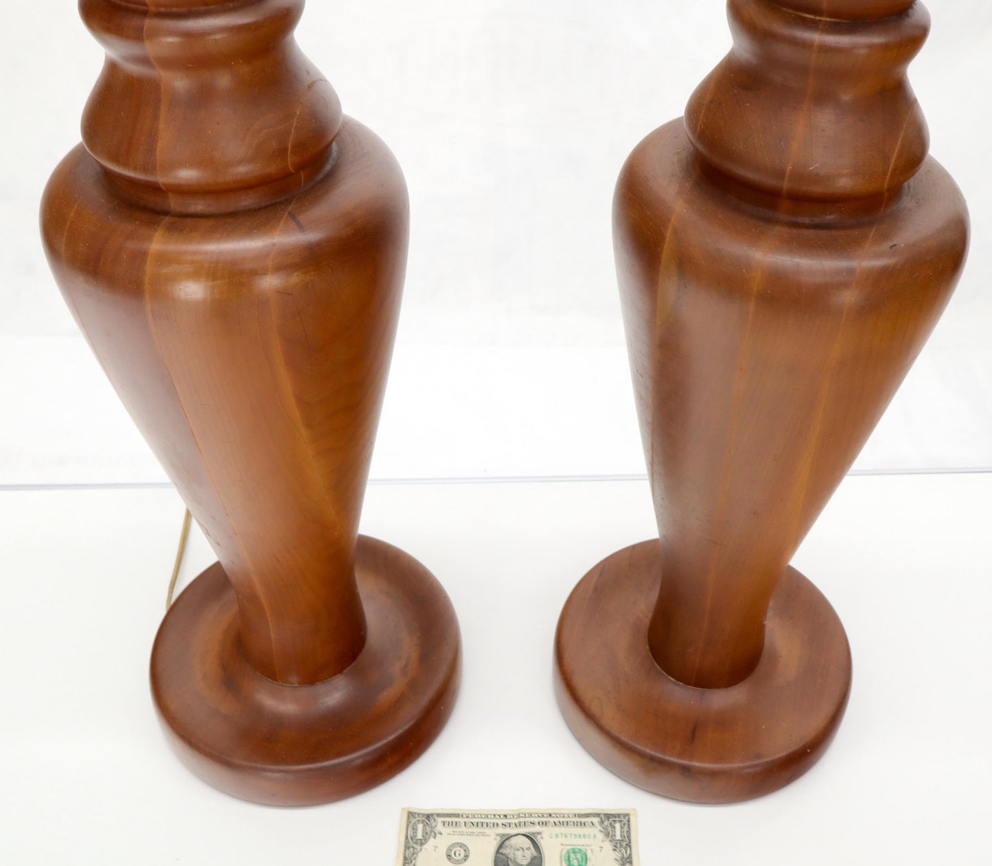 EstablishedLines Pair of Large Oversize Heavy Turned Solid Teak Table Lamps