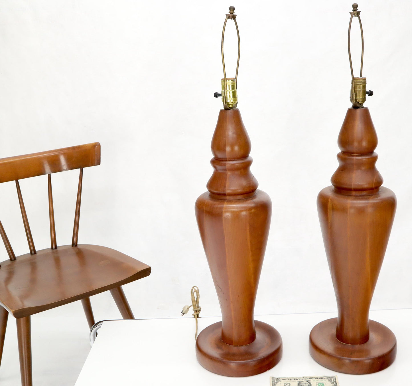 EstablishedLines Pair of Large Oversize Heavy Turned Solid Teak Table Lamps