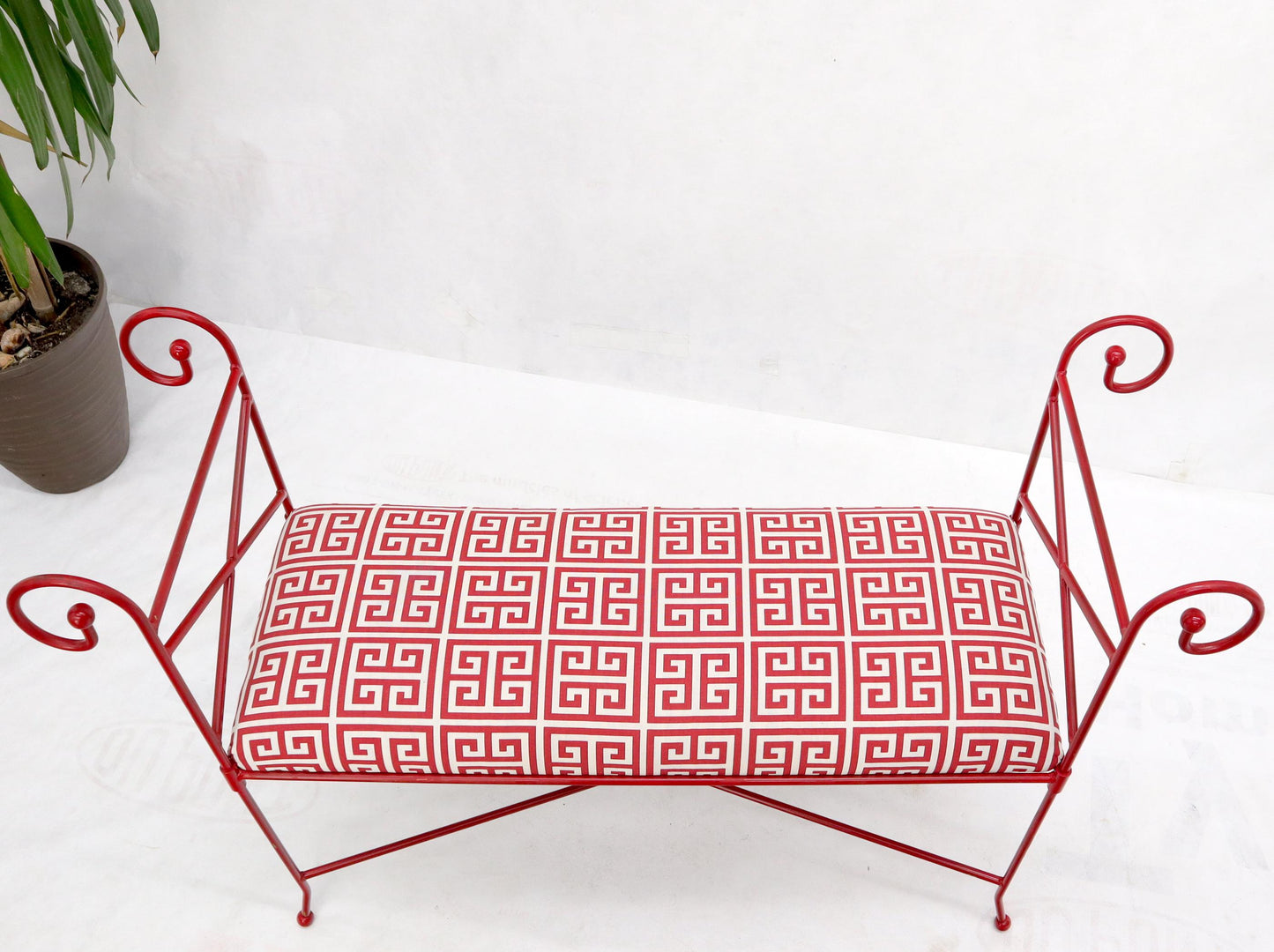 EstablishedLines Circa 1960s Wrought Iron Window Bench Fully Restored New Red Lacquer Upholstery