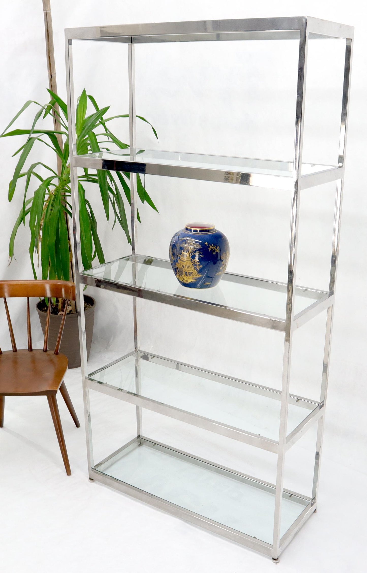 EstablishedLines Mid-Century Modern Five Shelves Chrome and Glass Shelving Unit Étagère