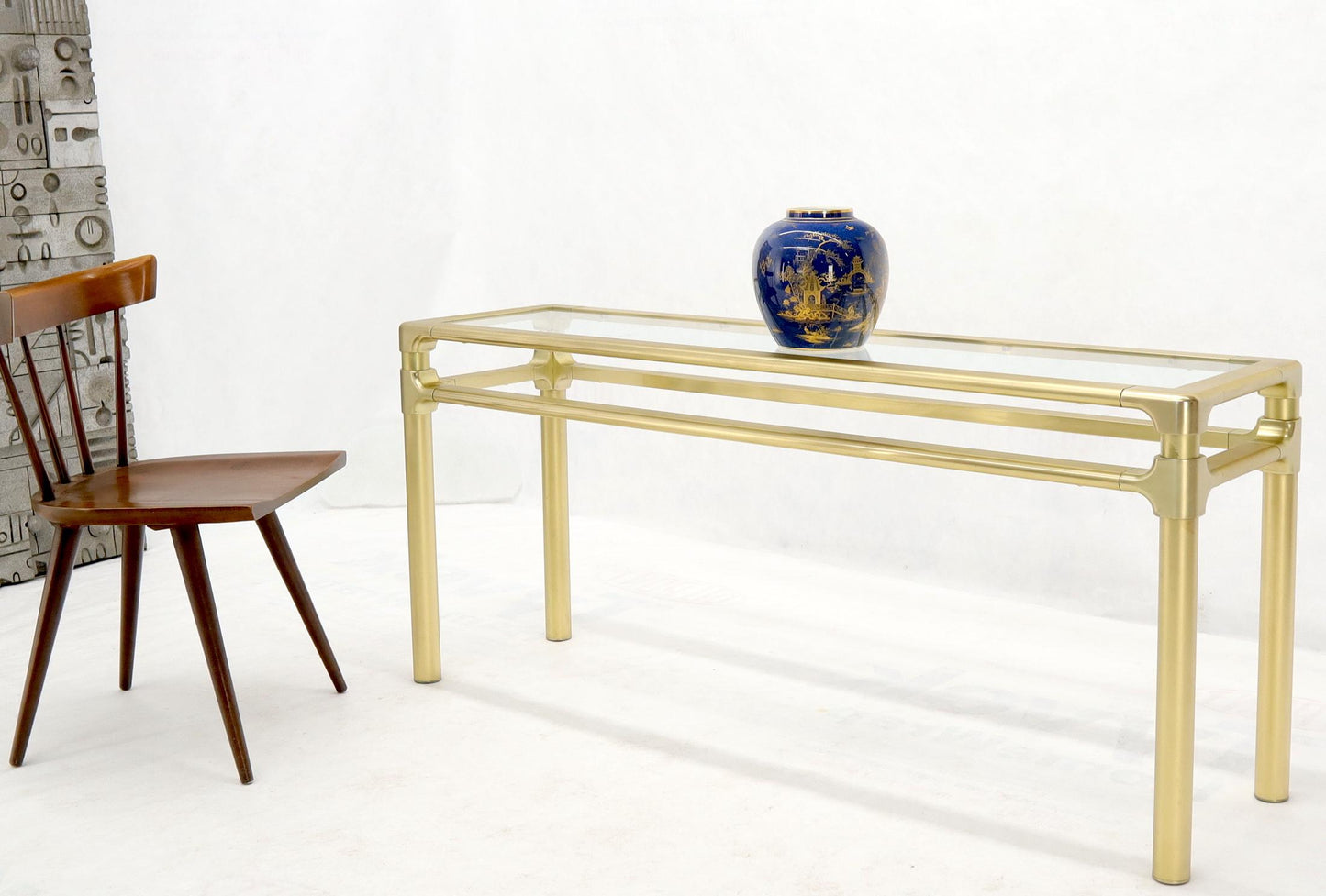 EstablishedLines Solid Brass Profile Base Glass Top Mid-Century Modern Console Sofa Table