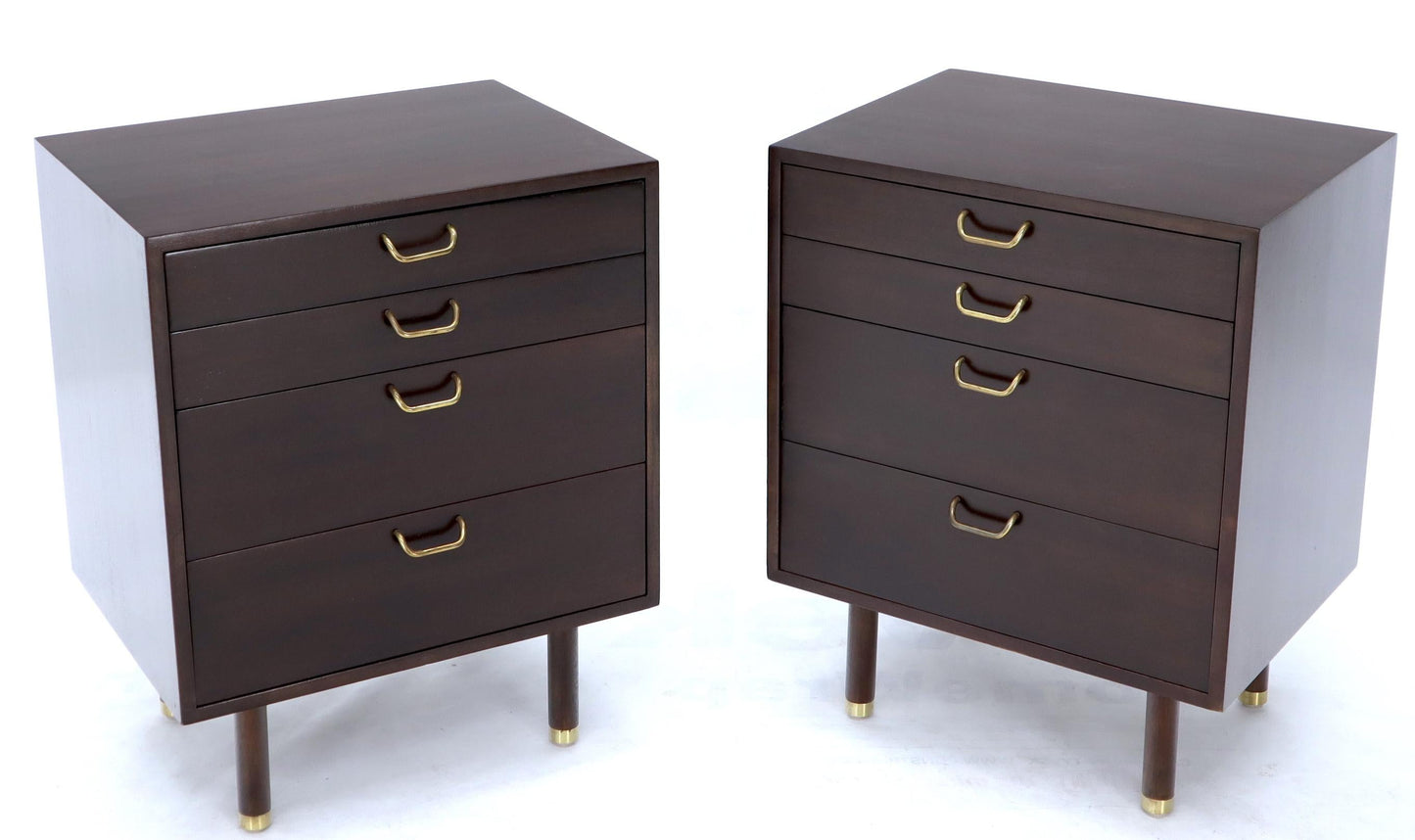 EstablishedLines Pair of Mid-Century Modern Brass Pulls Four-Drawer Nightstands Harvey Probber