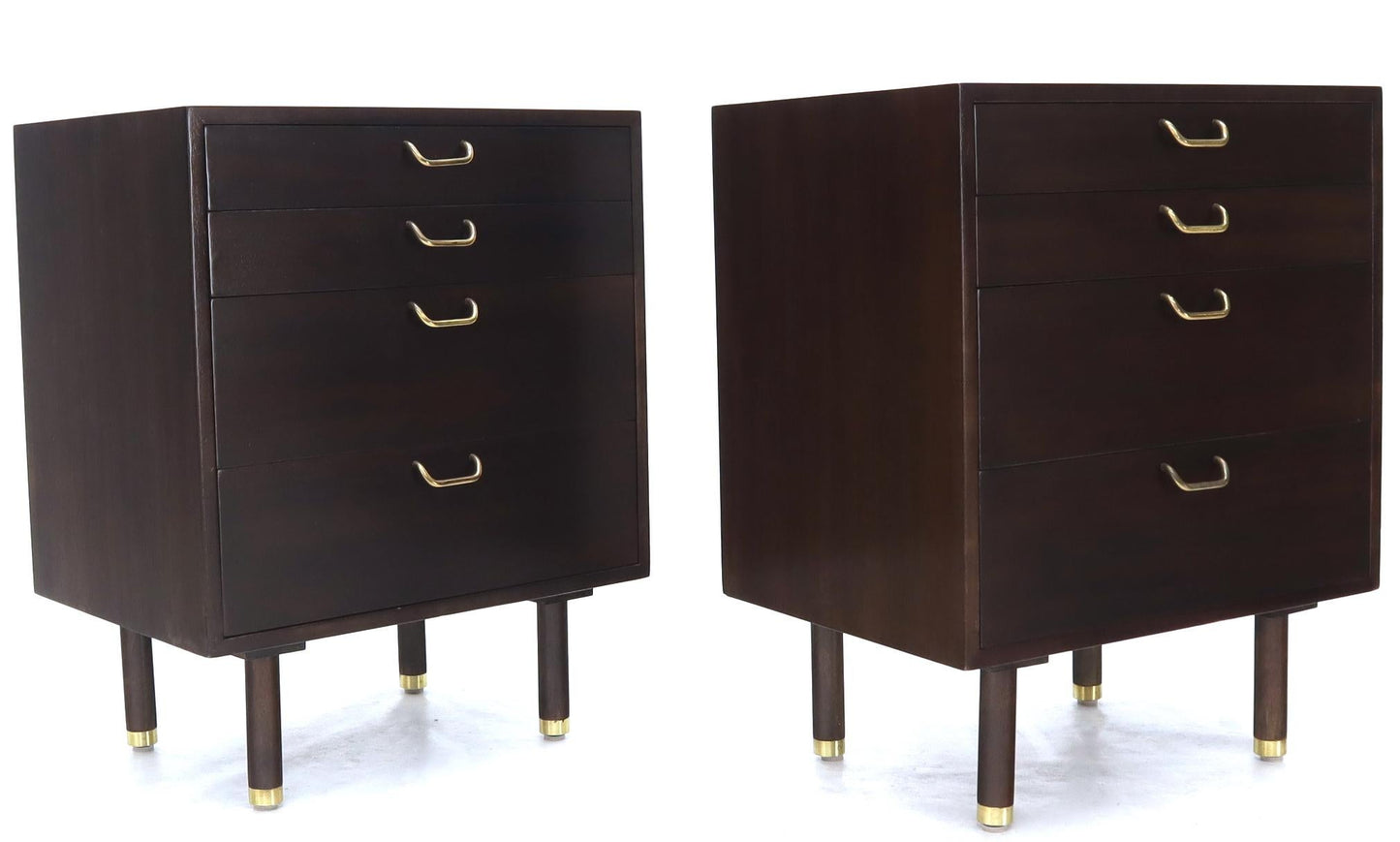 EstablishedLines Pair of Mid-Century Modern Brass Pulls Four-Drawer Nightstands Harvey Probber