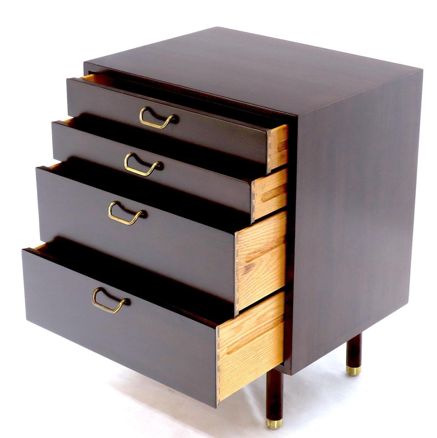 EstablishedLines Pair of Mid-Century Modern Brass Pulls Four-Drawer Nightstands Harvey Probber
