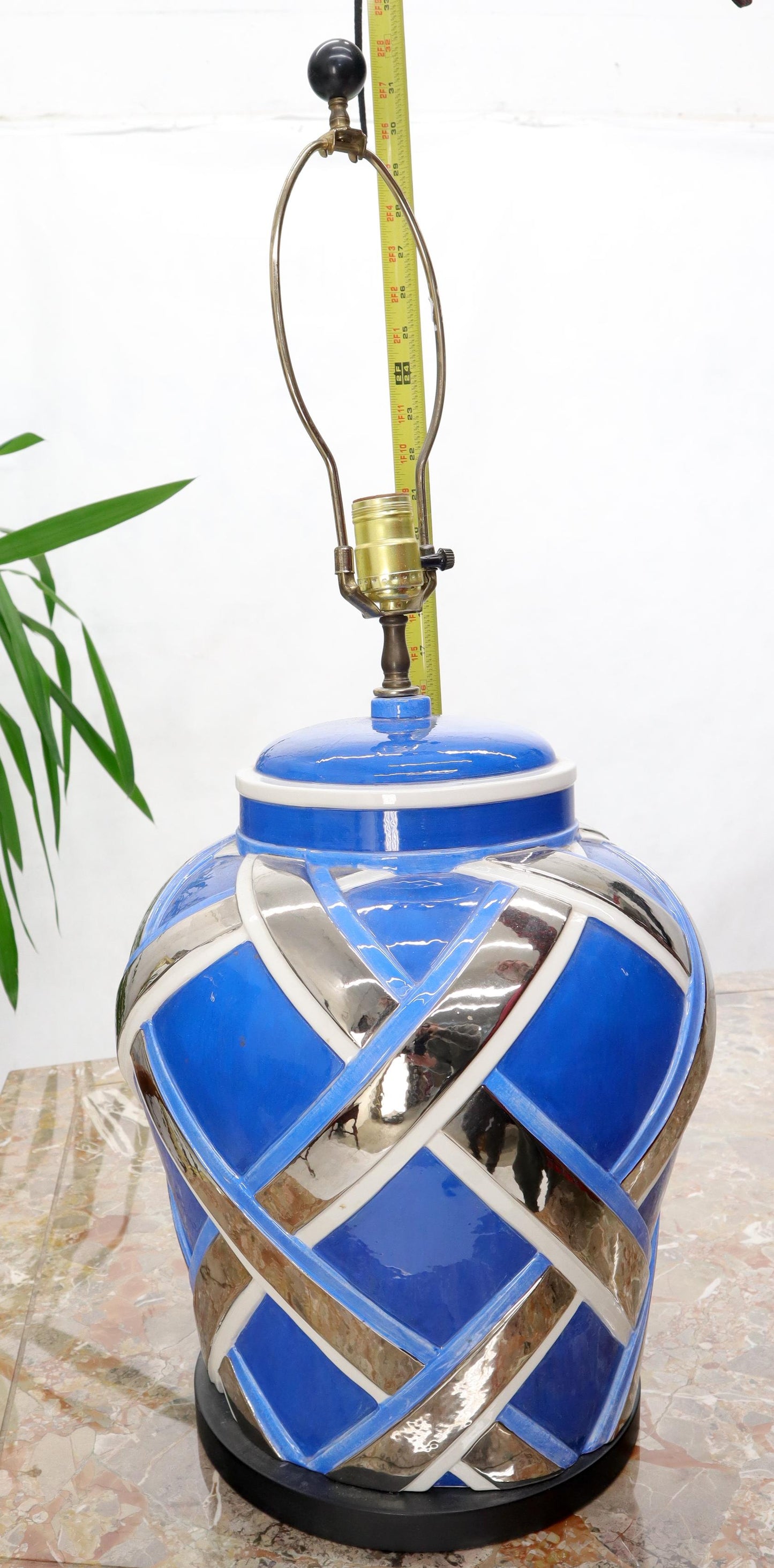 EstablishedLines Mid-Century Modern Large Oversize Glazed Pottery Table lamp Blue and Chrome
